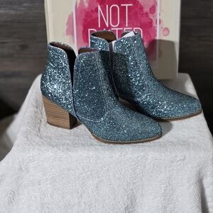 Not Rated Fiera Blue Glitter Booties Size 8.5 Chunky Heel Sparkle Western Style